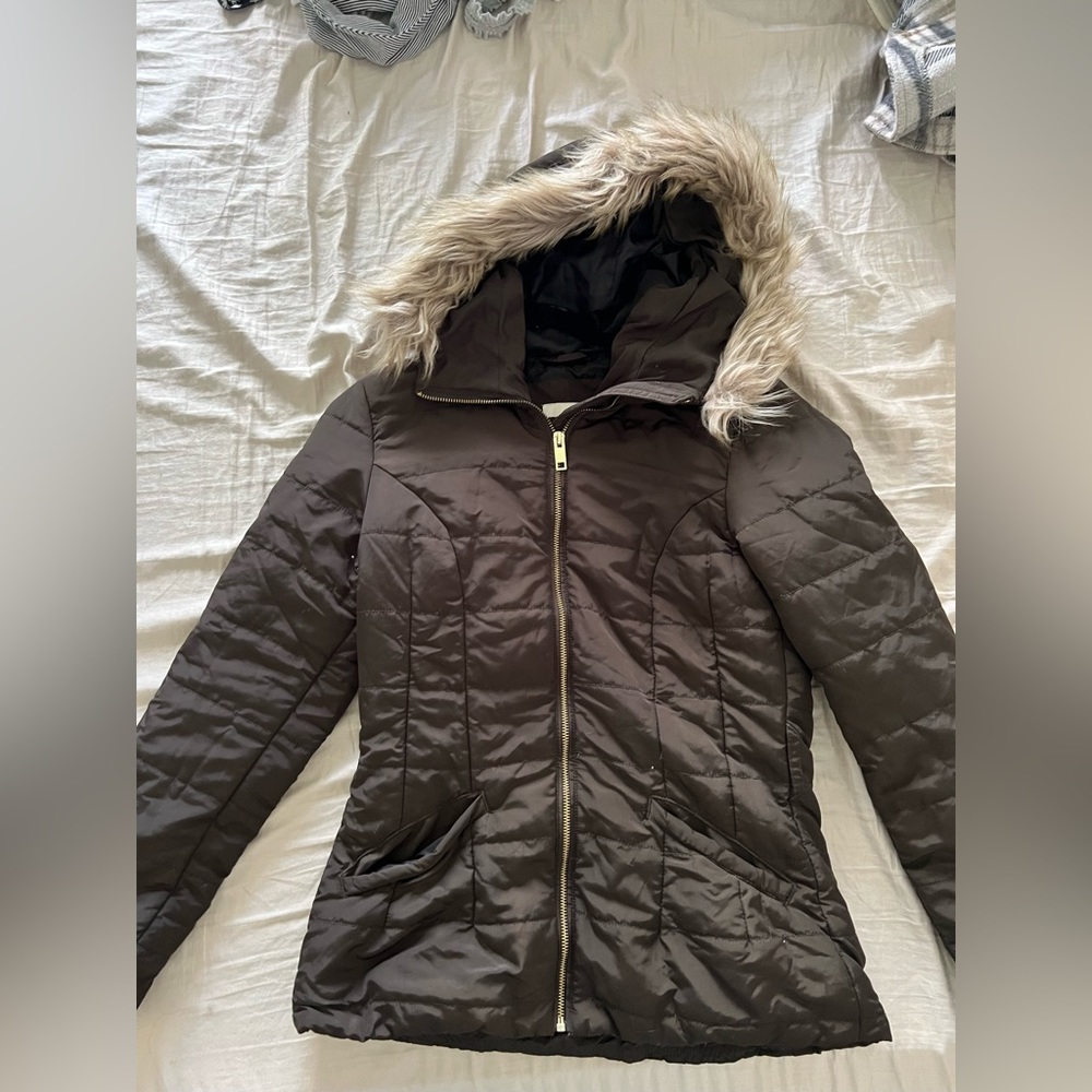 H&M brown/green puffy coat with furry hood. US 6